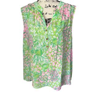 Lilly Pulitzer Sleeveless Elsa Silk Top Size XL Fauna Green Floral Blouse $158